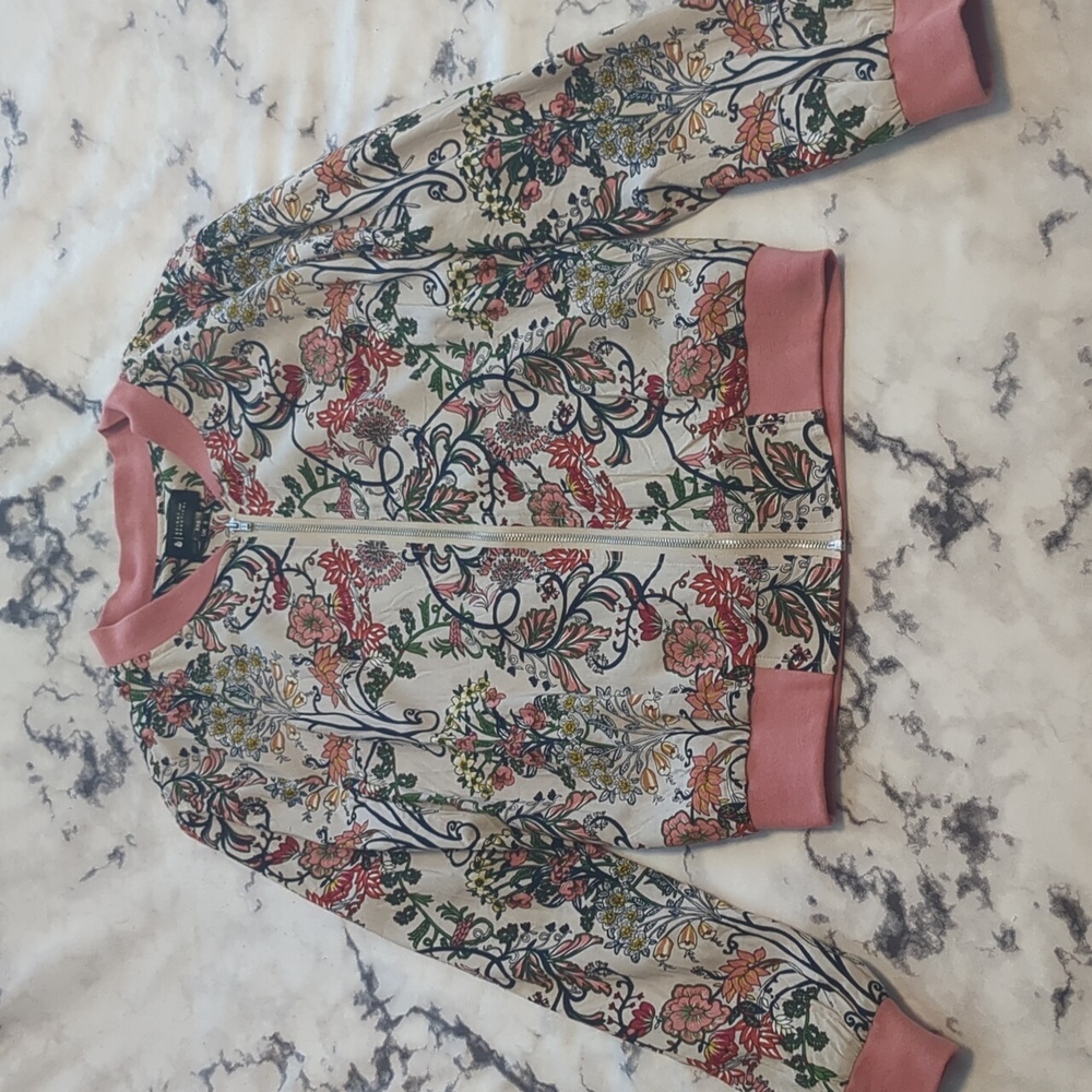 Bright and Beautiful boho flower print bomber jacket, US Women's size 4.